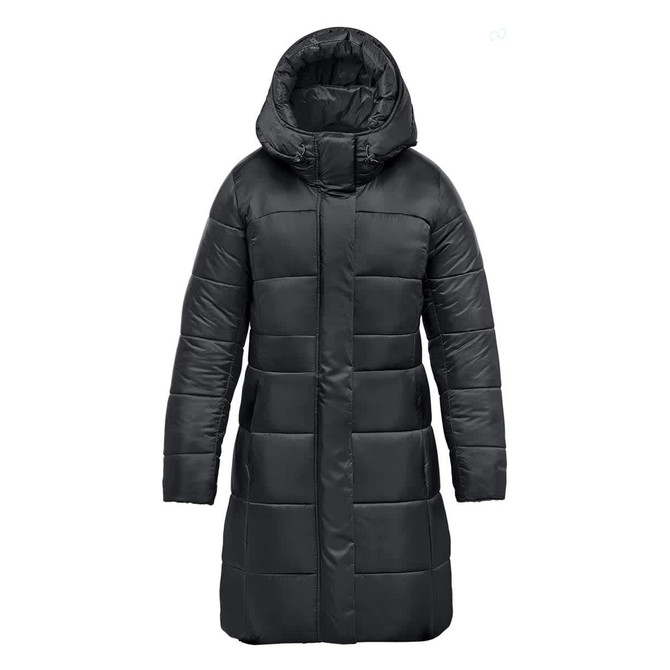 A women's black puffer jacket with a hood, featuring a quilted design and a mid-length cut.