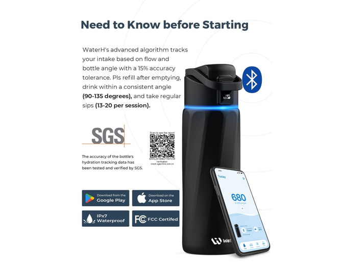 A drink bottle in black, featuring a sleek design, a lid, a logo, and a smartphone displaying hydration tracking information.