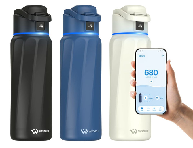 A drink bottle in black, blue, and white, featuring a digital panel and a logo on the base.