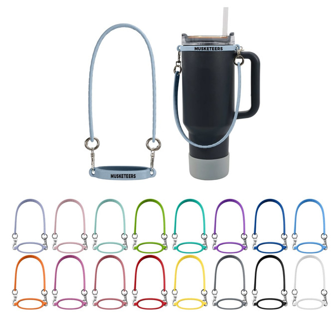 A drink bottle with a silicone carry strap is displayed in various colours, featuring a branded logo and a straw.