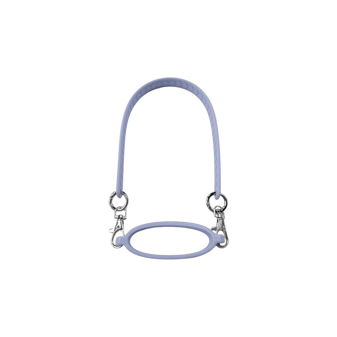 A drink bottle silicone cup carry strap in lavender, featuring two metal clips and a textured grip design.