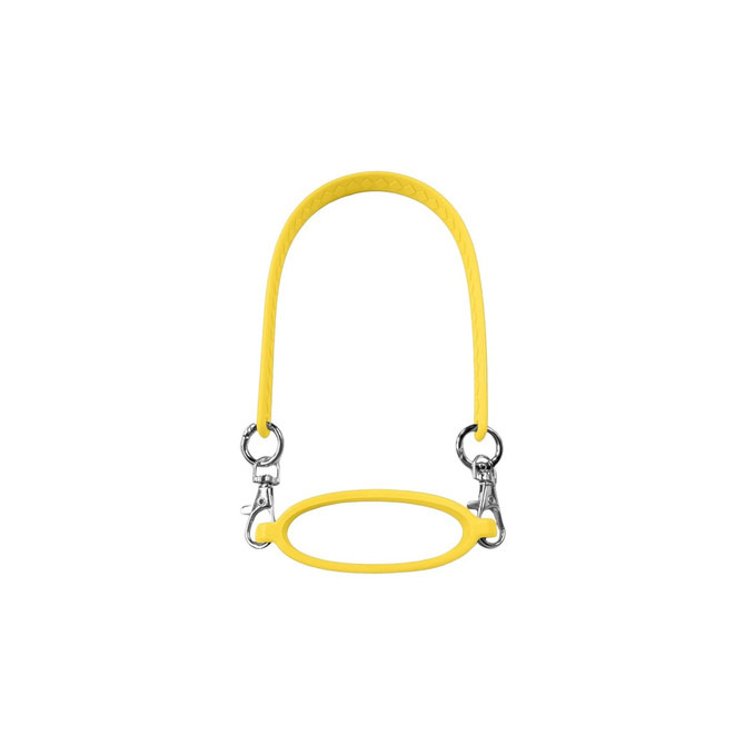 A drink bottle carrying strap in bright yellow silicone with metal clips on each end.
