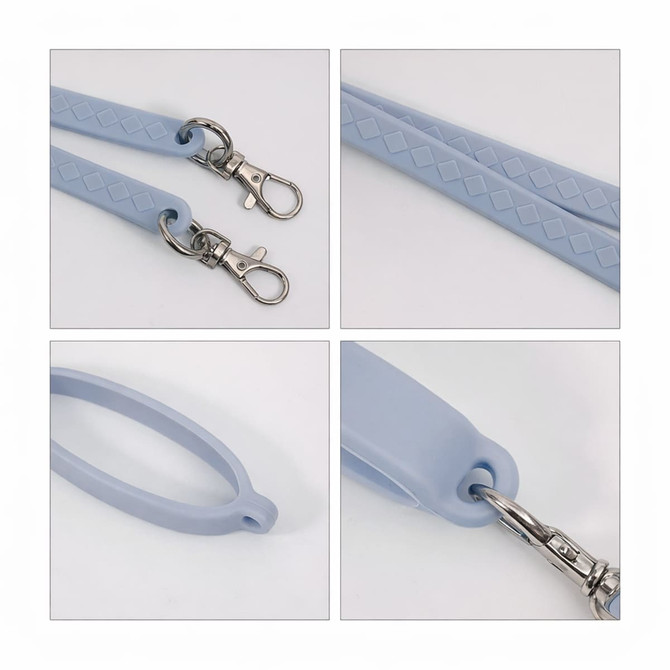 A drink bottle strap featuring a light blue silicone design with metal clips and textured grip.