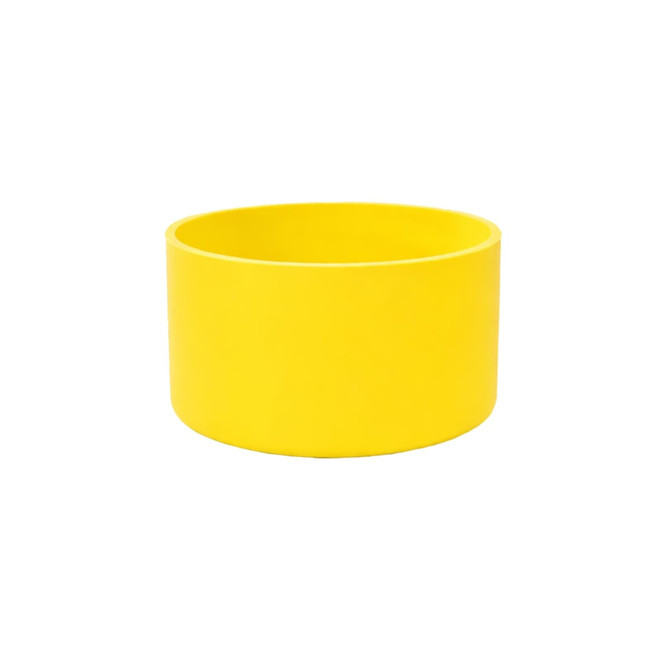 A silicone boot for a tumbler in bright yellow, featuring a simple round design and a smooth finish.