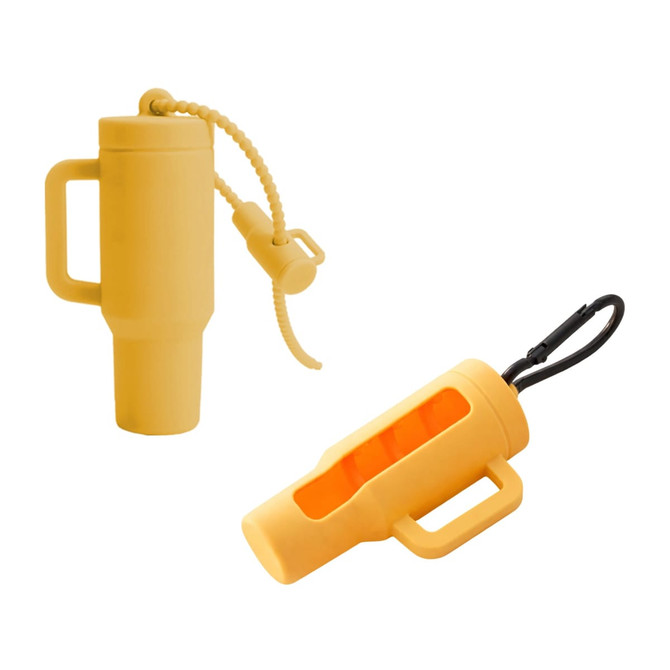A yellow lip balm holder keychain with a handle and a removable lid, featuring a logo.