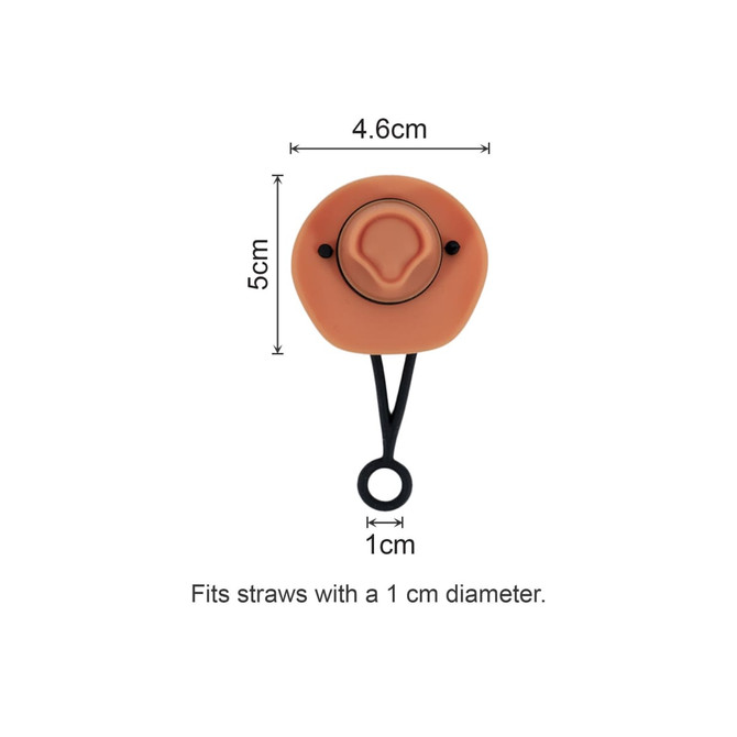 A silicone straw cover in a warm peach colour, featuring a central hole and a loop attachment for securing.