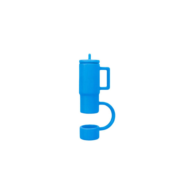 A drink bottle with a cup-shaped blue silicone straw cover attached, featuring a handle and a curved design.