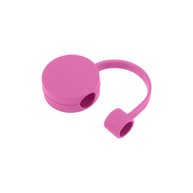 A round pink silicone straw cover with a looped handle, featuring a small opening for a straw.