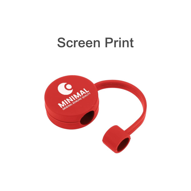 A round red silicone straw cover with a small loop for attachment, featuring a logo.