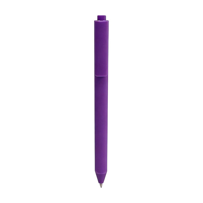 A triangular grip pen in a vibrant purple colour with a clip at the top. It features a sleek design and has a logo.