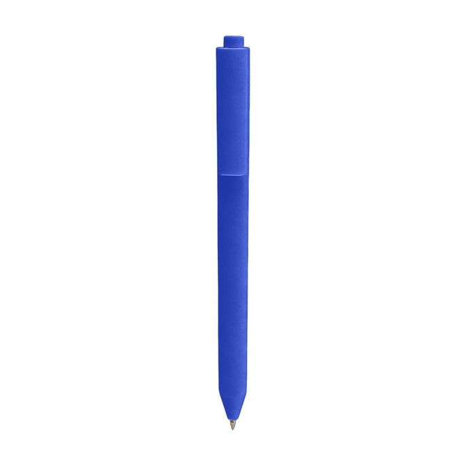 A blue triangular grip pen with a smooth finish and a clip on the side. It features a logo on its body.