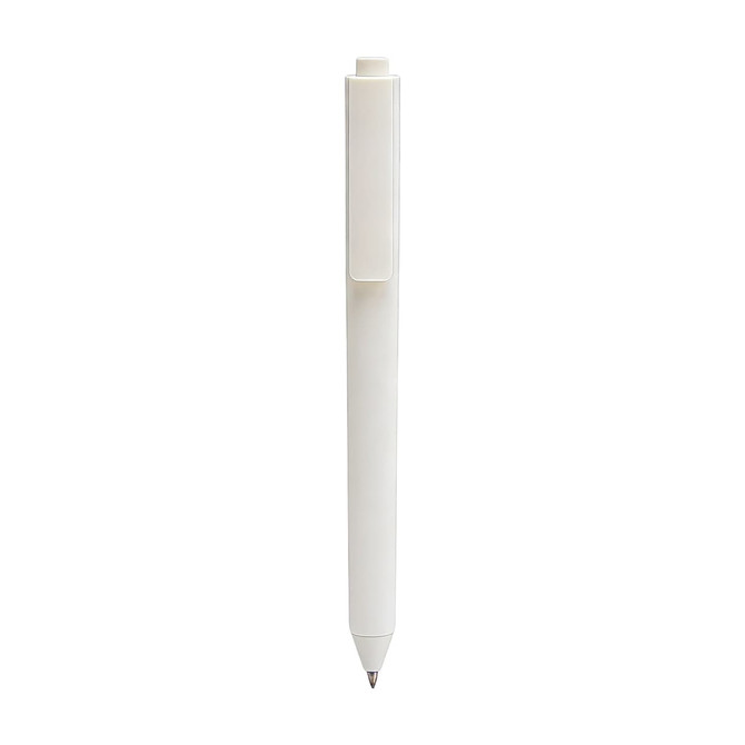 A triangular grip pen in white with a clip at the top and a ballpoint tip at the bottom.