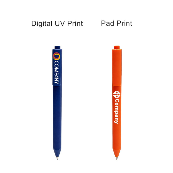 A blue triangular grip pen with a logo and an orange triangular grip pen, both featuring different printing styles.