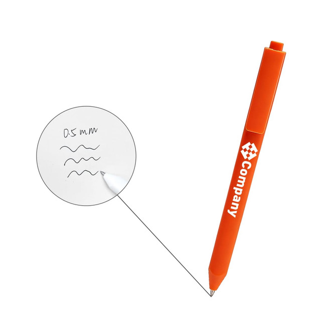 An orange triangular grip pen with a logo, next to a paper showing writing samples and a 0.5 mm tip.