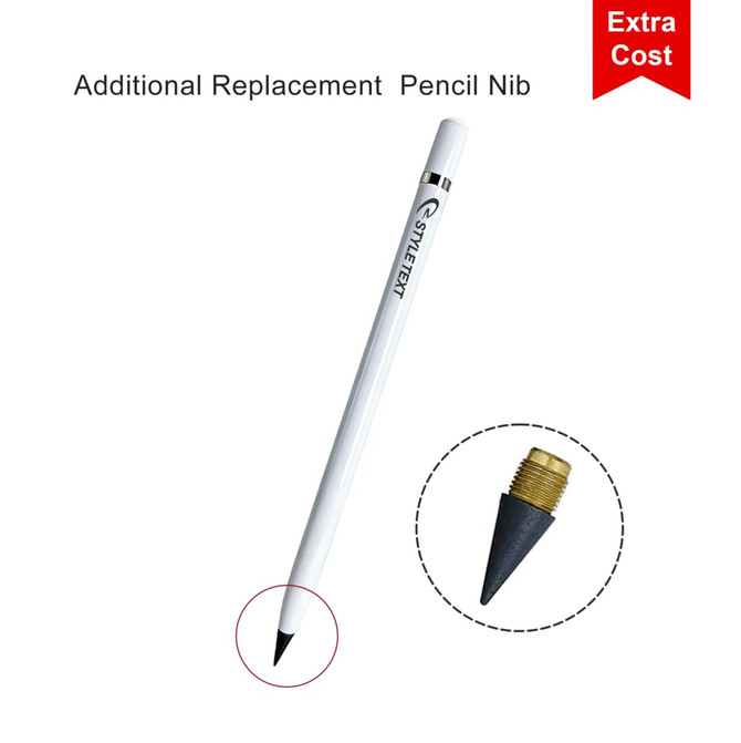 A white pencil with a black nib and a gold replacement nib displayed beside it. The image includes a logo.