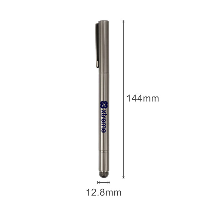 A silver pencil with a sleek design, featuring a clip and a logo on the side. Dimensions are 144mm by 12.8mm.