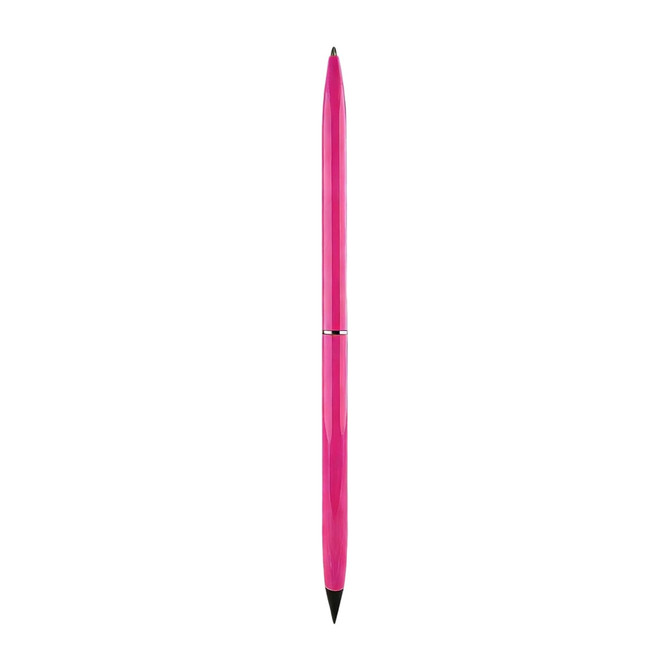A double-ended pencil and ballpoint pen in a vibrant pink colour. It features a sleek design and a logo.