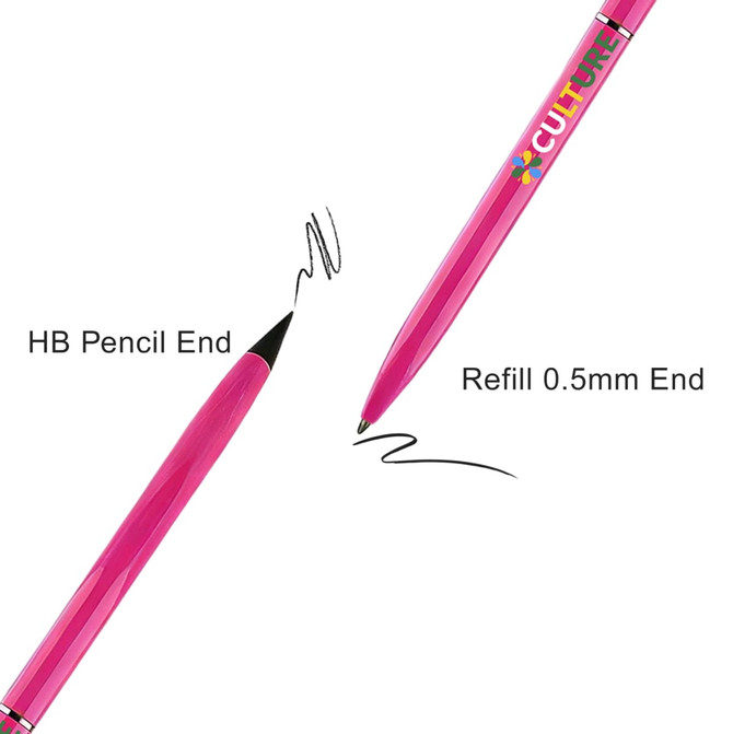 A double-ended pen and pencil in vibrant pink, featuring an HB pencil end and a 0.5mm ballpoint pen end.