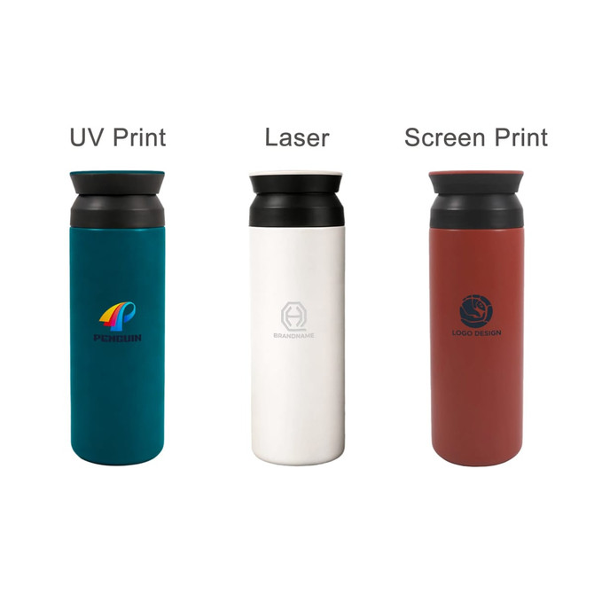 A drink bottle with a double wall design, available in teal, white, and red, featuring a black lid and branding.