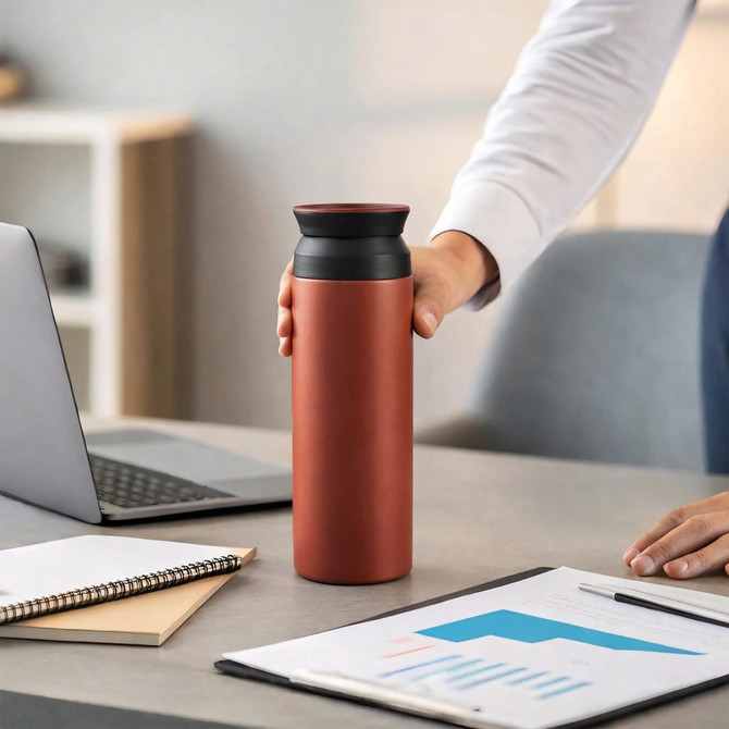 A drink bottle in matte terracotta with a black lid, placed on a desk alongside a laptop and notepad.