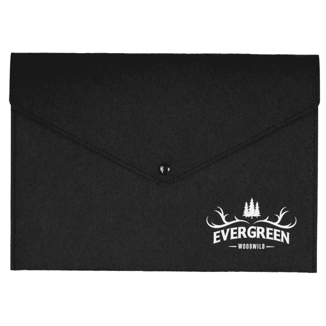 A black felt folder with a flap closure and a logo print on the front.