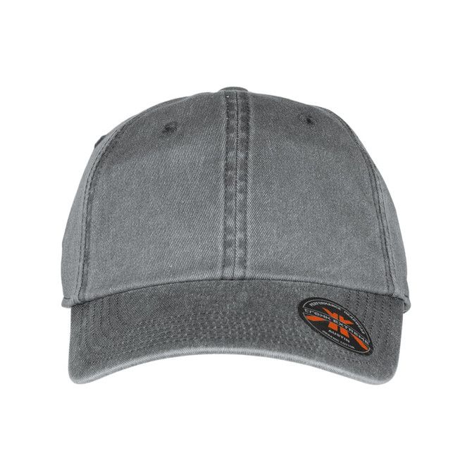 A grey cap with a curved brim and a logo on the side.