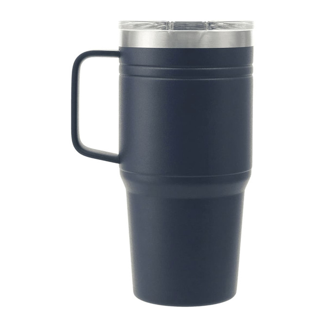 A drink bottle with a dark navy exterior, stainless steel lid, and handle, featuring a logo.