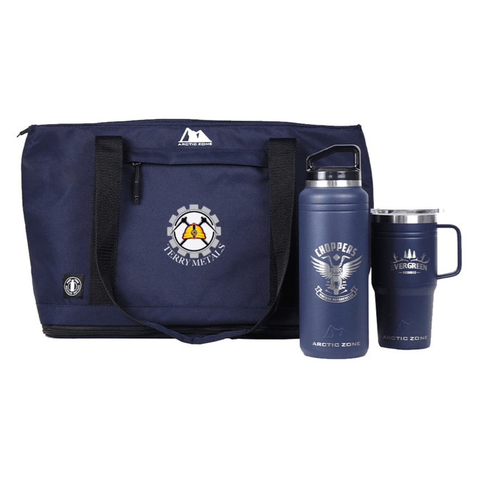 A navy blue bag with a logo, containing a stainless steel drink bottle and a mug, both in matching colours.