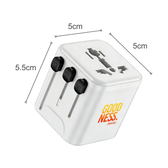 A white mini universal travel adapter with three plug options, featuring a logo and measuring 5cm x 5.5cm.