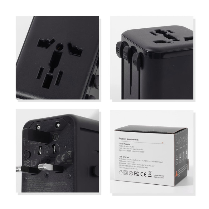 A black universal travel adapter with multiple plug types and USB ports, featuring a compact design and a logo.