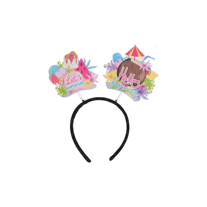 A headband featuring two vibrant summer-themed decorations with phrases, adorned with bright colours and playful designs.