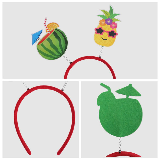 A red headband with spring attachments featuring a watermelon drink and a pineapple with sunglasses.