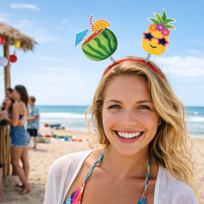 A headband featuring a watermelon and pineapple design, adorned with colourful fruit decorations.