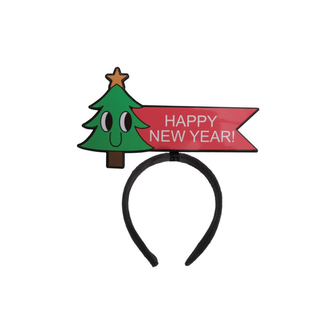 A black headband featuring a cartoon Christmas tree and a red banner with a festive message.