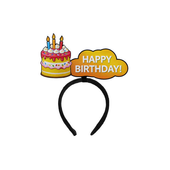 A black headband featuring a birthday cake graphic and a "Happy Birthday!" sign in vibrant colours.