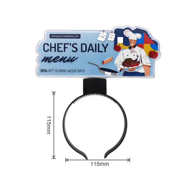 A promotional light-up acrylic sign headband featuring a chef and a menu design, primarily in blue and black colours.