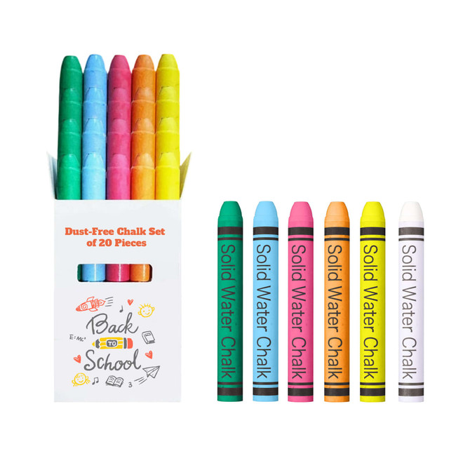 A box of 20 dust-free chalk sticks in various colours, including yellow, green, blue, and pink, with branding visible.