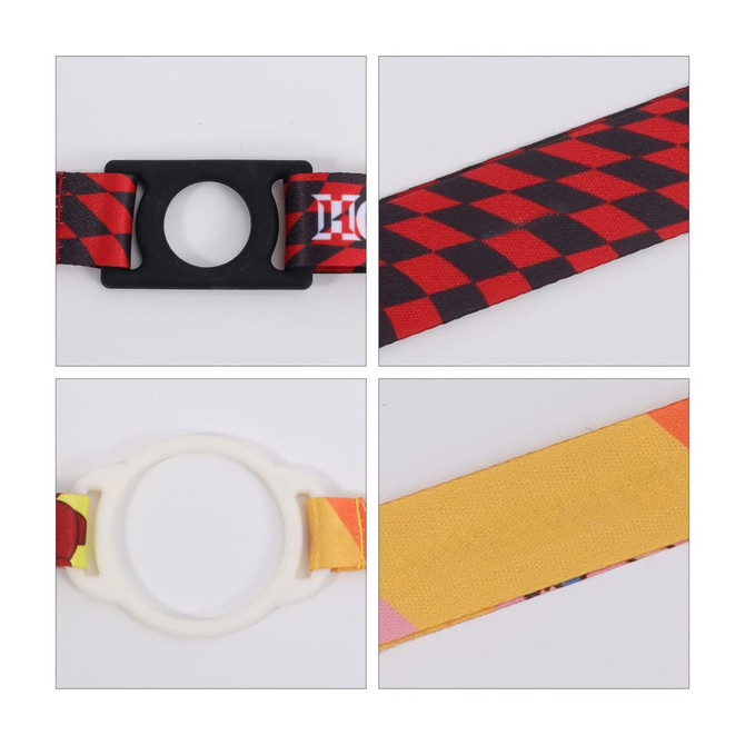 A drink bottle lanyard featuring vibrant red and black checkered patterns, with circular attachments in black and white.