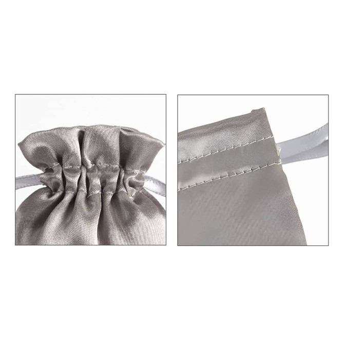 A grey silk satin drawstring bag with a gathered top and a smooth finish, featuring a drawstring closure.