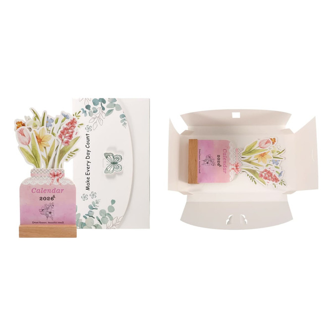 A floral-themed desk calendar in a pink and white design, packaged with a wooden stand.