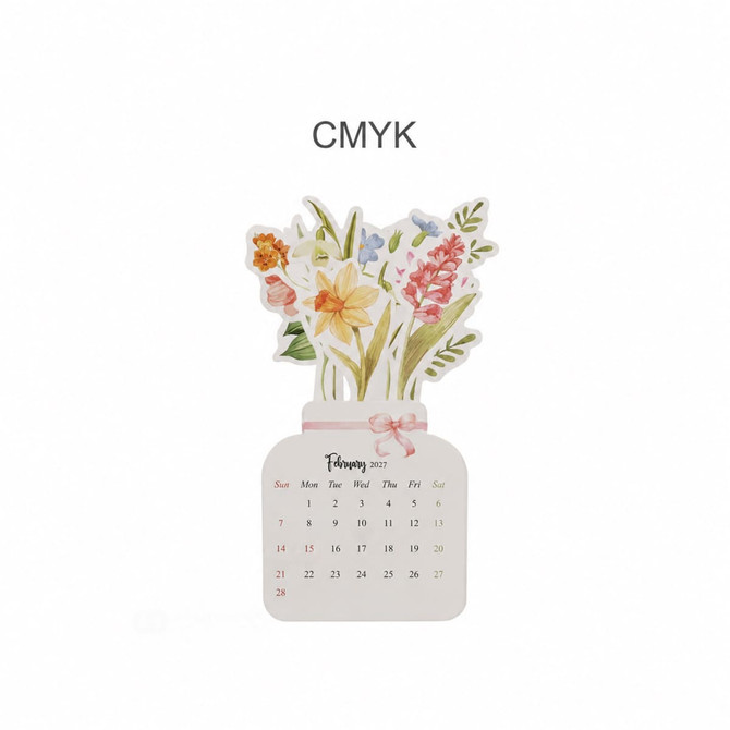 A floral desk calendar featuring a bouquet of flowers in pastel colours, with a white base and pink ribbon.
