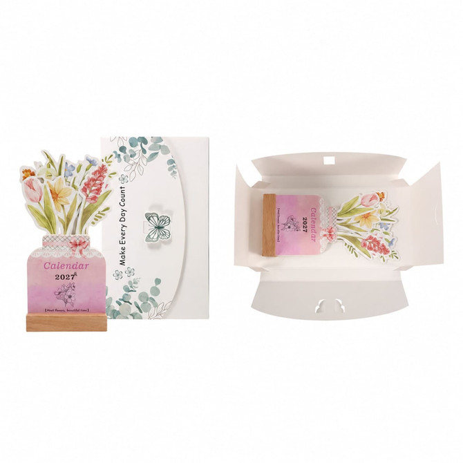 A flowers-themed desk calendar in vibrant colours, featuring illustrated florals and a wooden base, with a logo present.