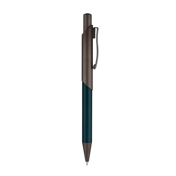 A sleek metal pen in navy and dark silver, featuring a clip and a contemporary design.