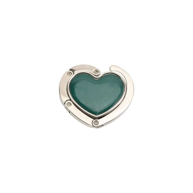 A heart-shaped, foldable desk hook with a silver frame and a teal interior, featuring small metallic fasteners.