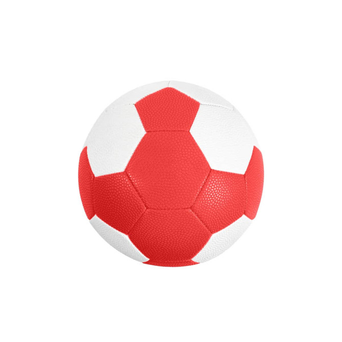 A red and white machine-stitched PU handball featuring a hexagonal panel design and a textured surface.