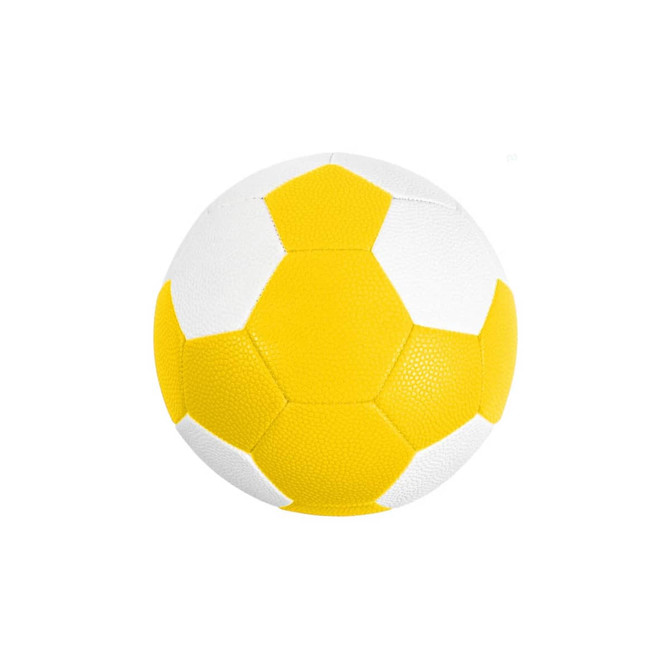 A yellow and white machine-stitched PU handball with a textured surface and hexagonal panels.