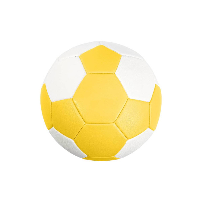 A yellow and white handball with a machine-stitched design and an embedded logo.