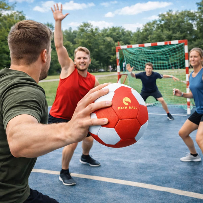 A red and white machine-stitched microfiber PU handball held by a player, with others in action on a sports field.