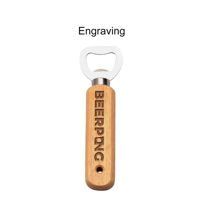 A drink bottle opener made of wood with a silver metal bottle cap remover and engraved detailing.
