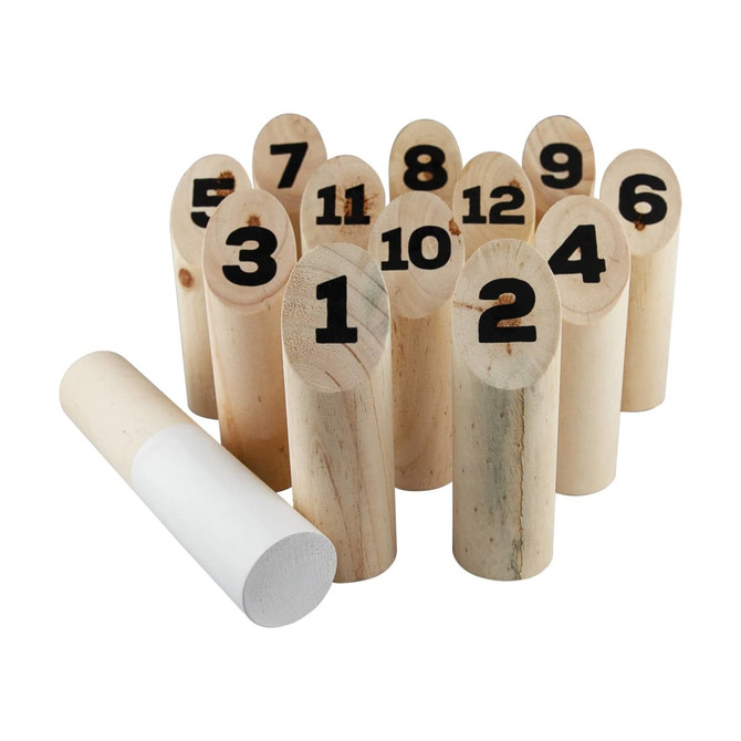 A set of wooden skittles numbered 1 to 12, with a white throwing object beside them.
